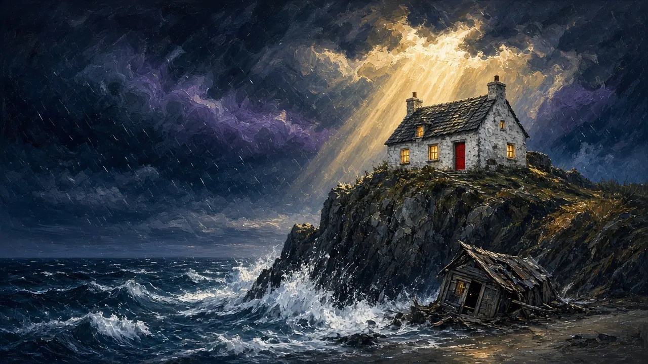 A whitewashed stone cottage with lit windows stands firm on a rock above a stormy sea while a shack on the sand below falls apart.