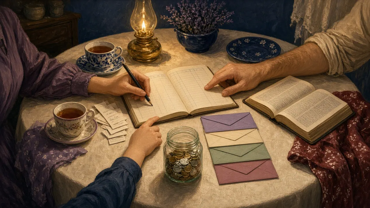 Hands of a family around a kitchen table working through a household budget in a paper ledger, with a jar of saved coins, envelopes and an open Bible.