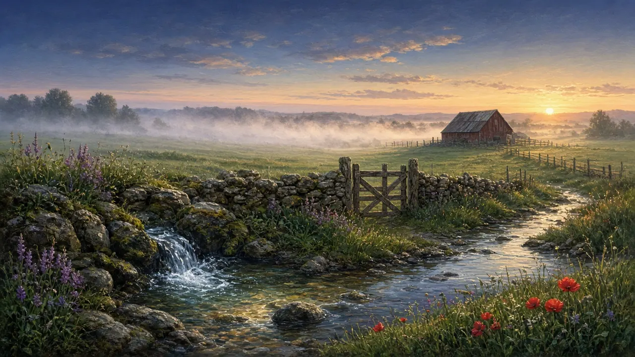 A clear spring spills over mossy stones beside a dry-stone wall and wooden gate on a quiet farm at sunrise, with a red barn in the mist, purple wildflowers and scarlet poppies.